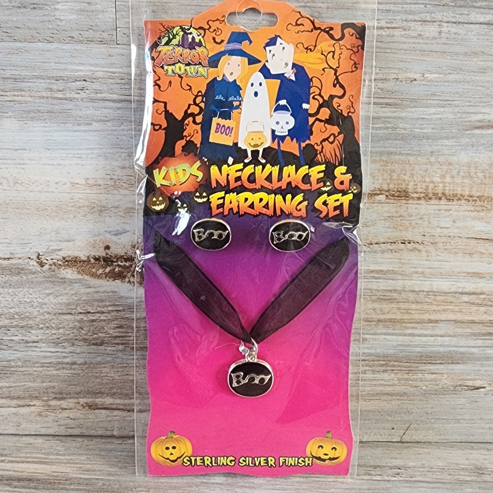 Terror Town Kids Halloween Boo Necklace and Earring Set Sterling Silver Finish